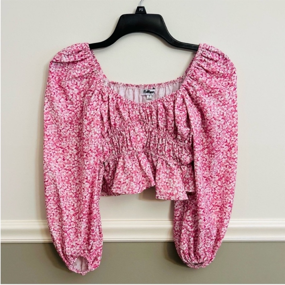 Women’s Red Berry Puffy Long Sleeve Cropped Pink White Elastic Floral Top Size 6